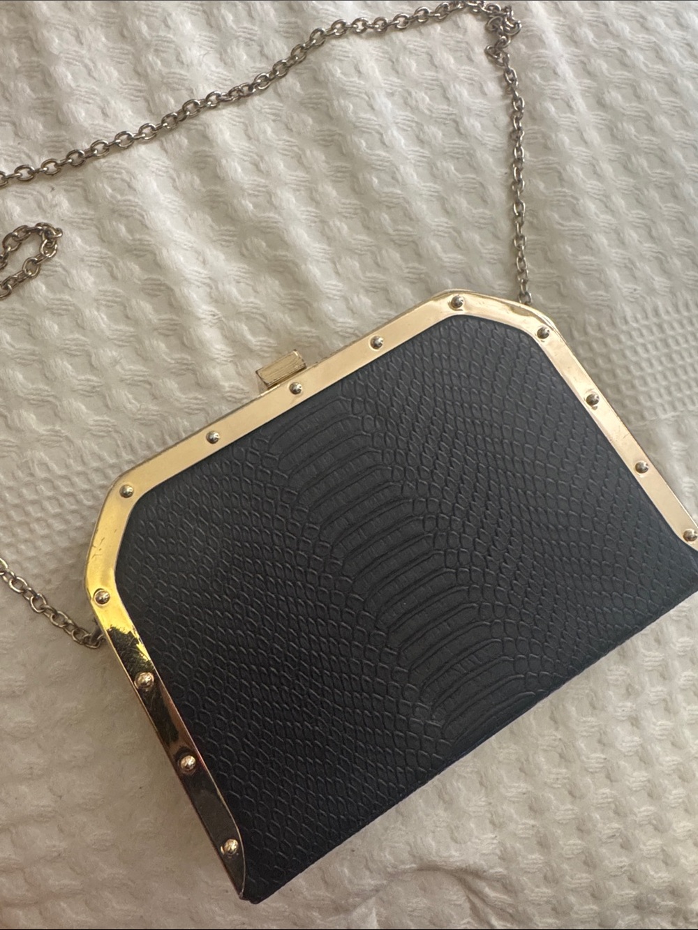 Black Textured Chain-Handle Evening Bag with Gold Trim